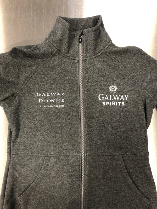 Grey full-zip fleece jacket embroidered with the Galway Downs and Galway Spirits logos