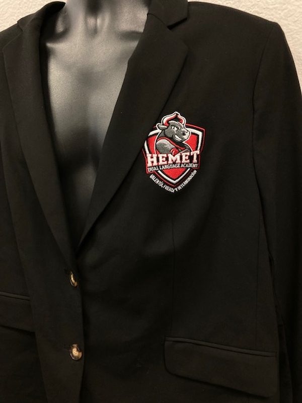 Black blazer with the Hemet Unified School District crest embroidered on the chest