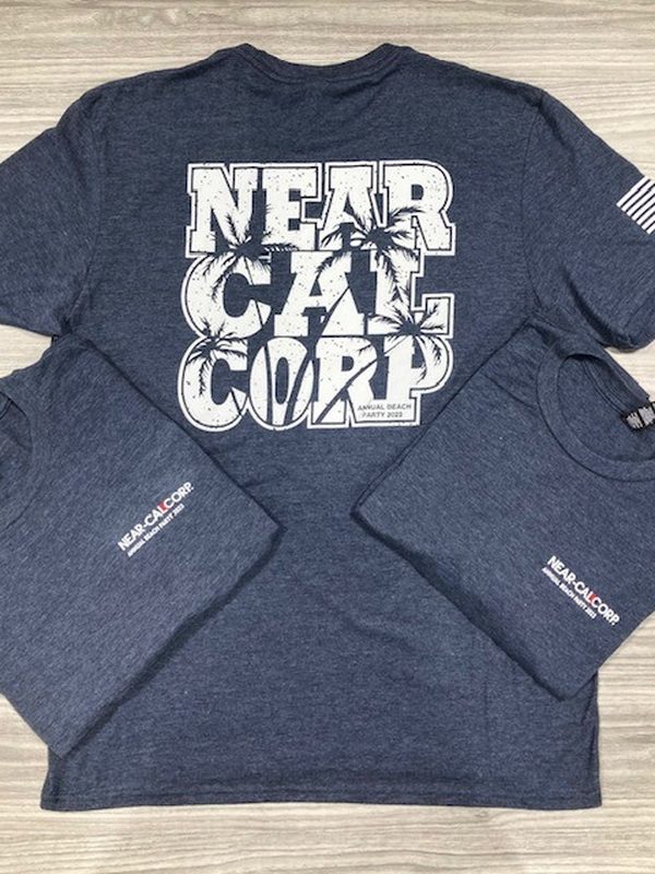 Navy long sleeve t-shirt printed with a large white Near-Cal Corp wordmark