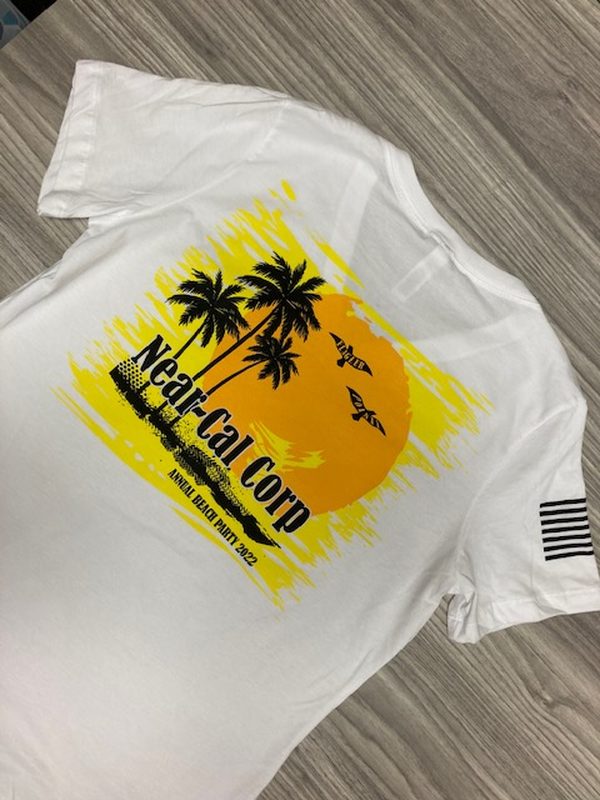 White t-shirt printed with a yellow sunset and palm tree design for Near-Cal Corp